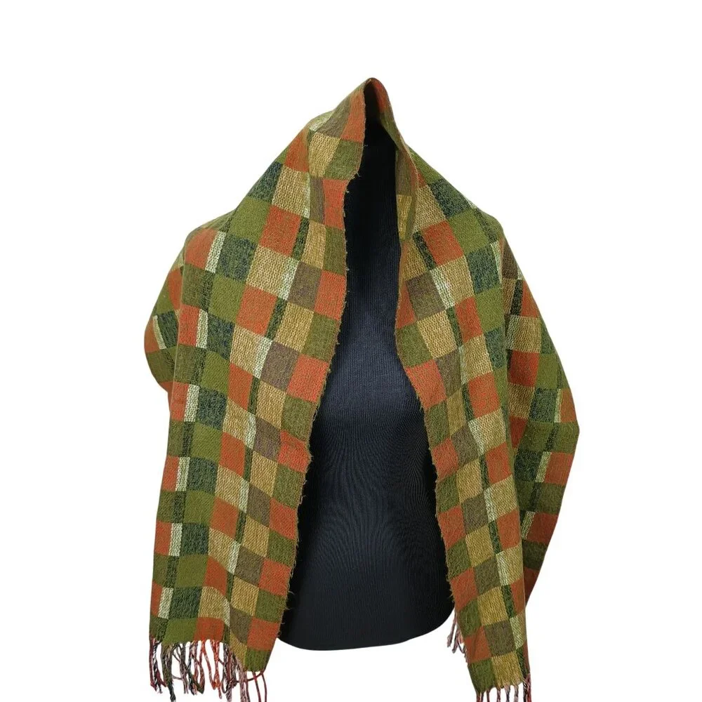 Handwoven Checkered Scarf Fall‎ Autumn Colors Fringed Ends
